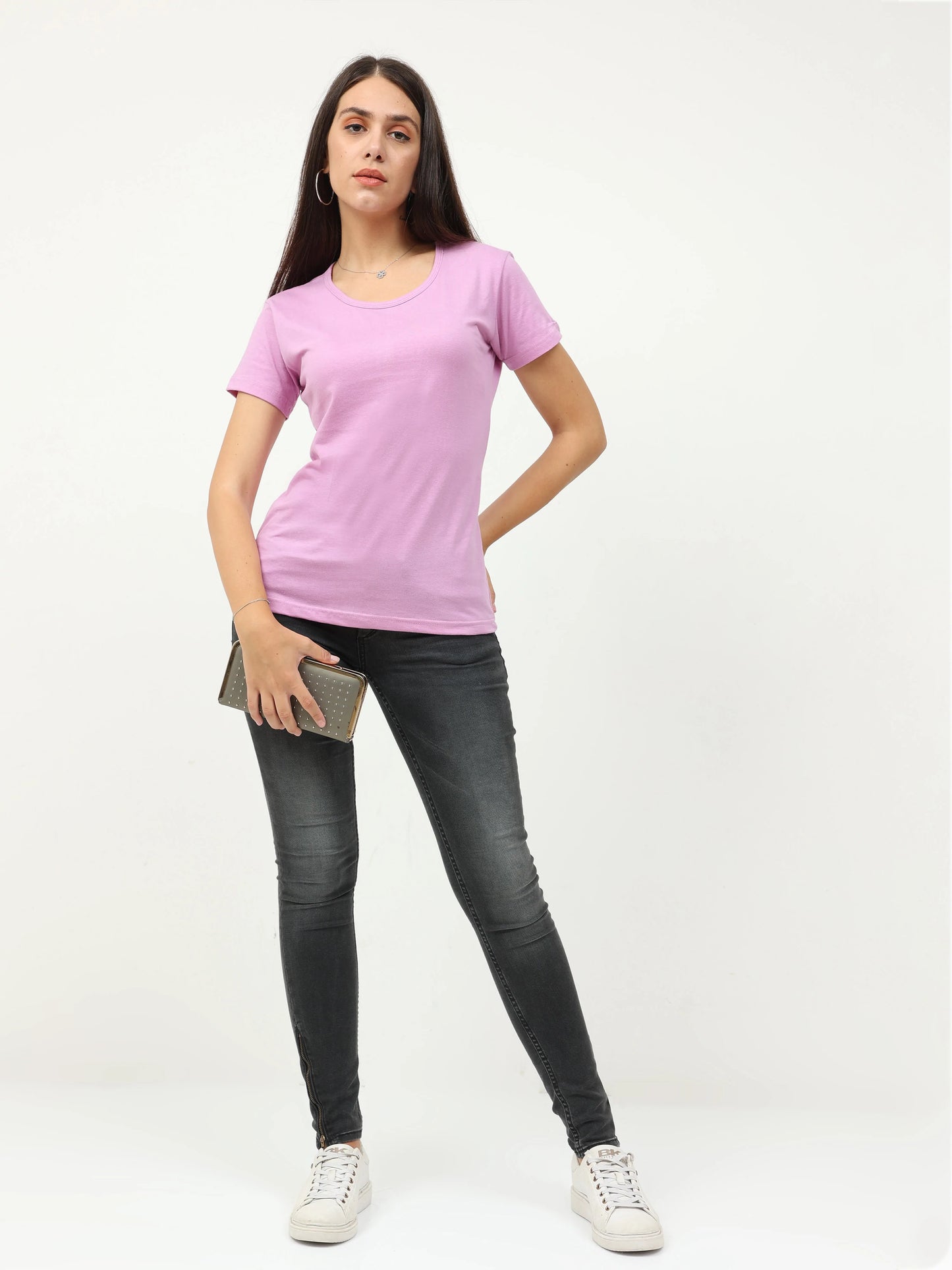 Women's Cotton Plain Round Neck Half Sleeve Lavender Color T-Shirt