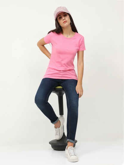 Women's Cotton Plain Round Neck Half Sleeve Light Pink Color T-Shirt