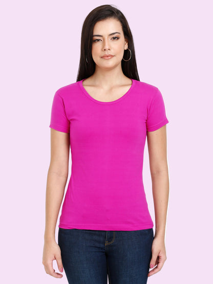 Women's Cotton Plain Round Neck Half Sleeve Magenta Color T-Shirt