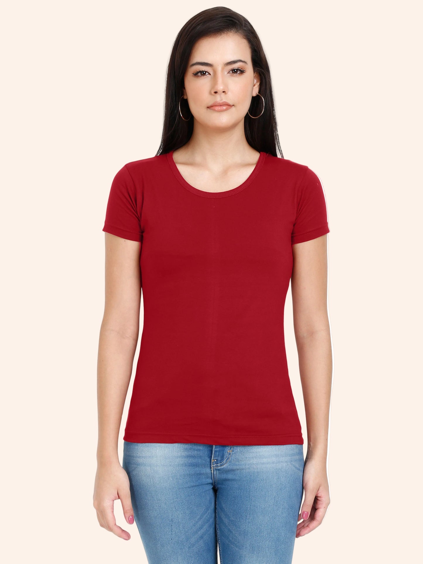 Women's Cotton Plain Round Neck Half Sleeve Maroon Color T-Shirt