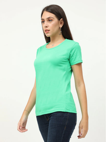 Women's Cotton Plain Round Neck Half Sleeve Pista Green Color T-Shirt