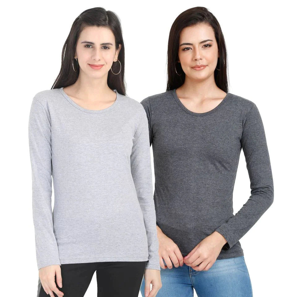 Fleximaa Women's Cotton Plain Round Neck Full Sleeve T-Shirt (Pack of 2) - Fleximaa