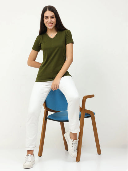 Fleximaa Women's Cotton Plain V Neck Half Sleeve T-Shirt - fleximaa-so