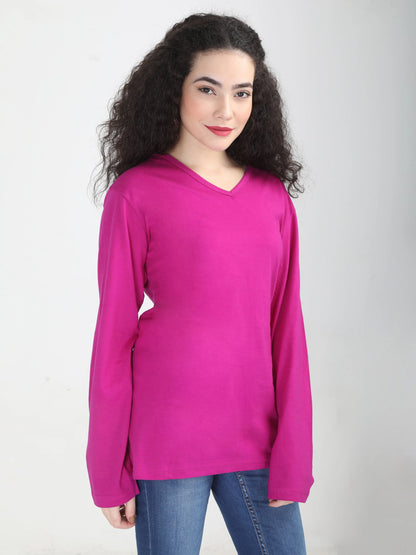 Fleximaa Women's Cotton Plain V Neck Full Sleeve T-Shirt - fleximaa-so
