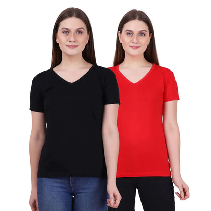 Fleximaa Women's Cotton Plain V Neck Half Sleeve T-Shirt (Pack of 2) - Fleximaa