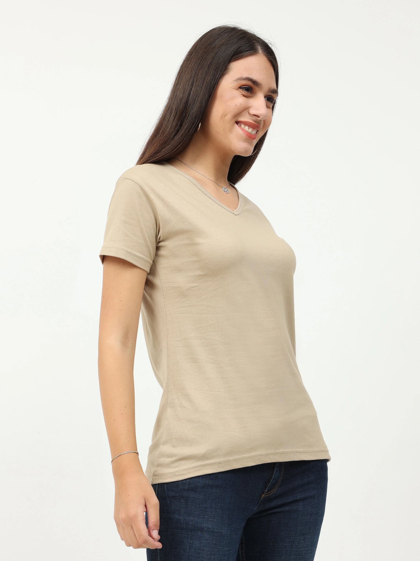 Women's Cotton Plain V Neck Half Sleeve Biscuit Color T-Shirt