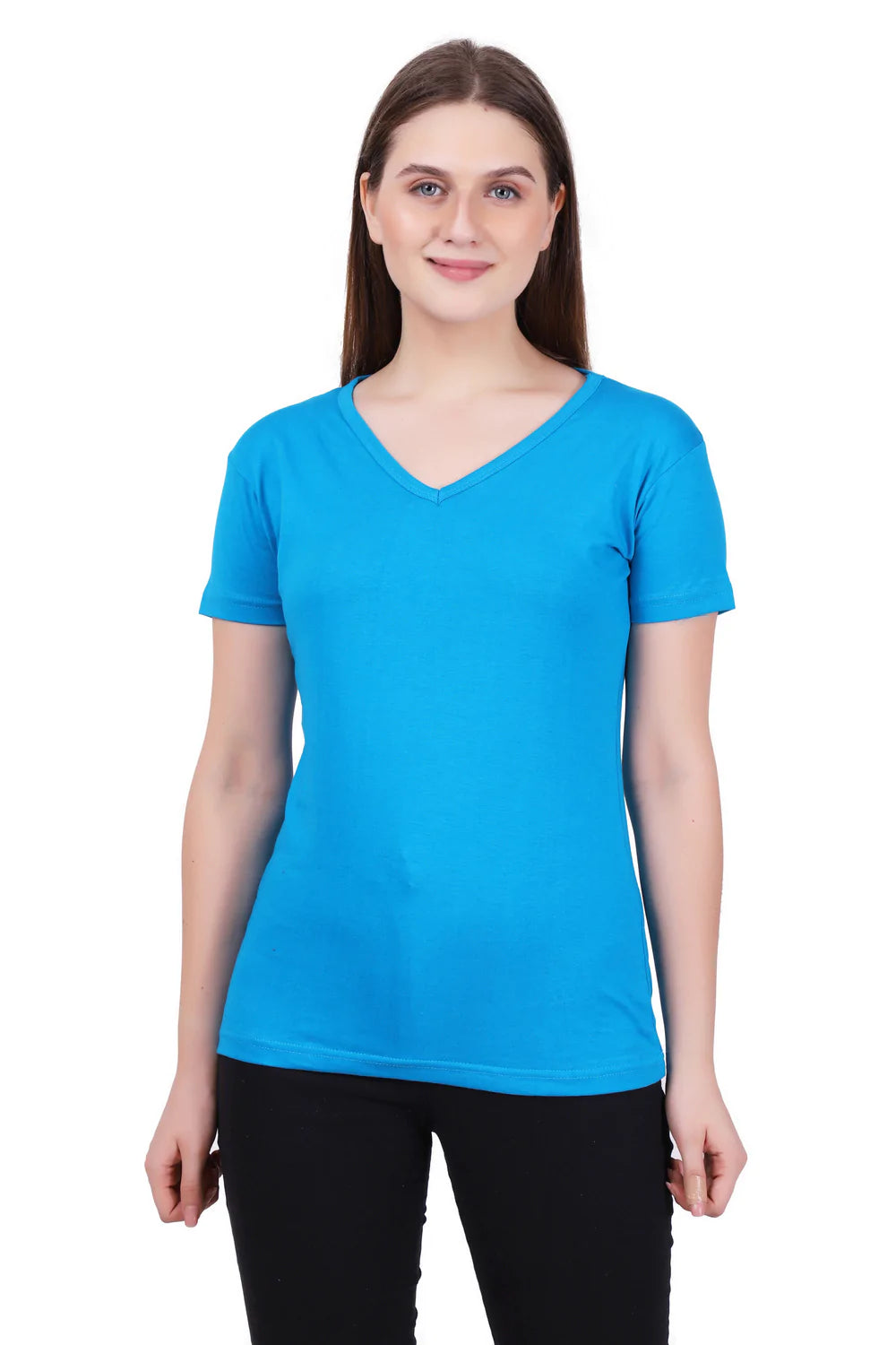 Women's Cotton Plain V Neck Half Sleeve Blue Color T-Shirt