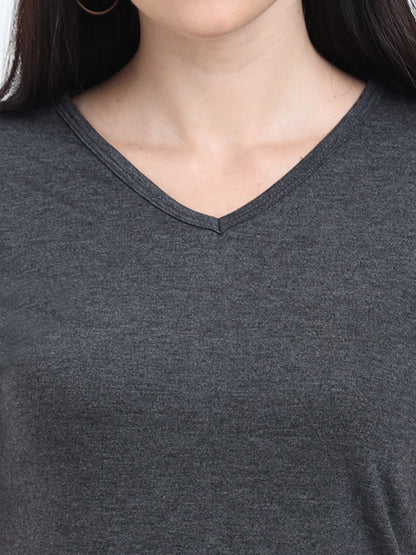 Women's Cotton Plain V Neck Half Sleeve Charcoal Melange Color T-Shirt