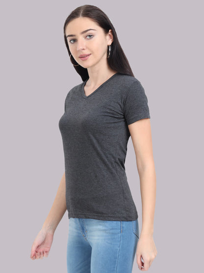 Women's Cotton Plain V Neck Half Sleeve Charcoal Melange Color T-Shirt