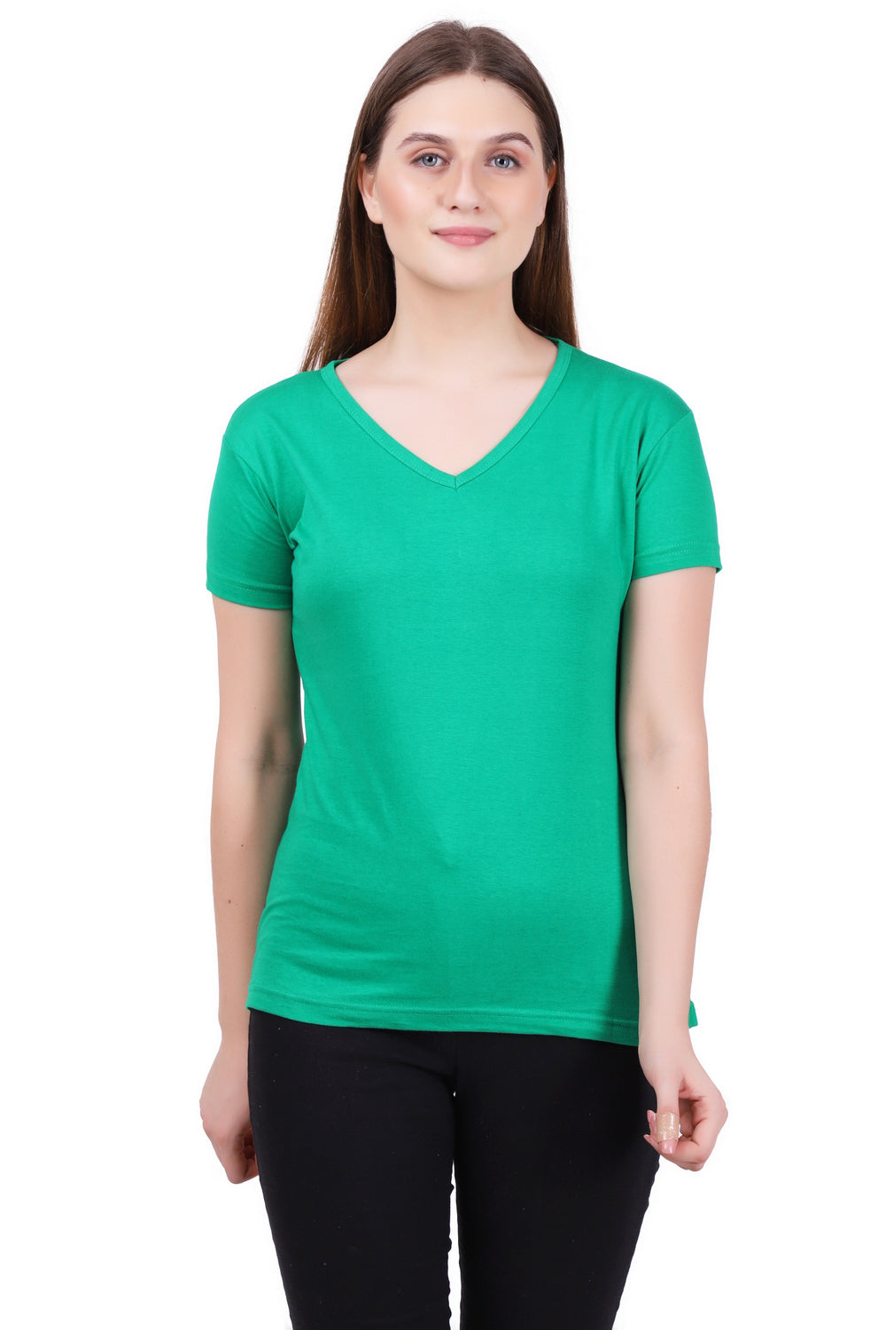 Women's Cotton Plain V Neck Half Sleeve Pakistan Green Color T-Shirt
