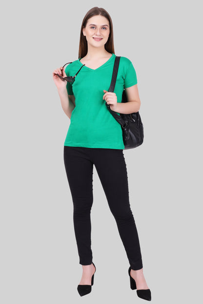 Women's Cotton Plain V Neck Half Sleeve Pakistan Green Color T-Shirt