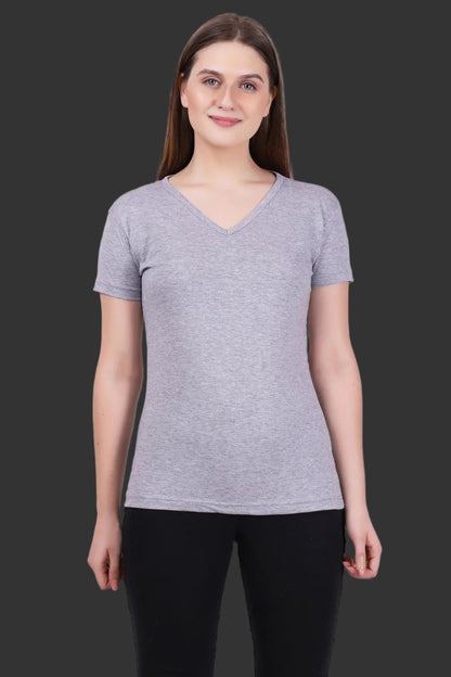 Women's Cotton Plain V Neck Half Sleeve Grey Melange Color T-Shirt