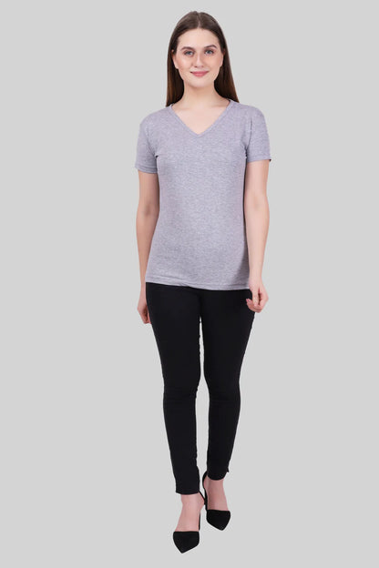 Women's Cotton Plain V Neck Half Sleeve Grey Melange Color T-Shirt