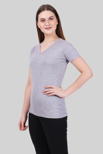 Women's Cotton Plain V Neck Half Sleeve Grey Melange Color T-Shirt