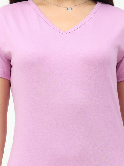 Women's Cotton Plain V Neck Half Sleeve Lavender Color T-Shirt