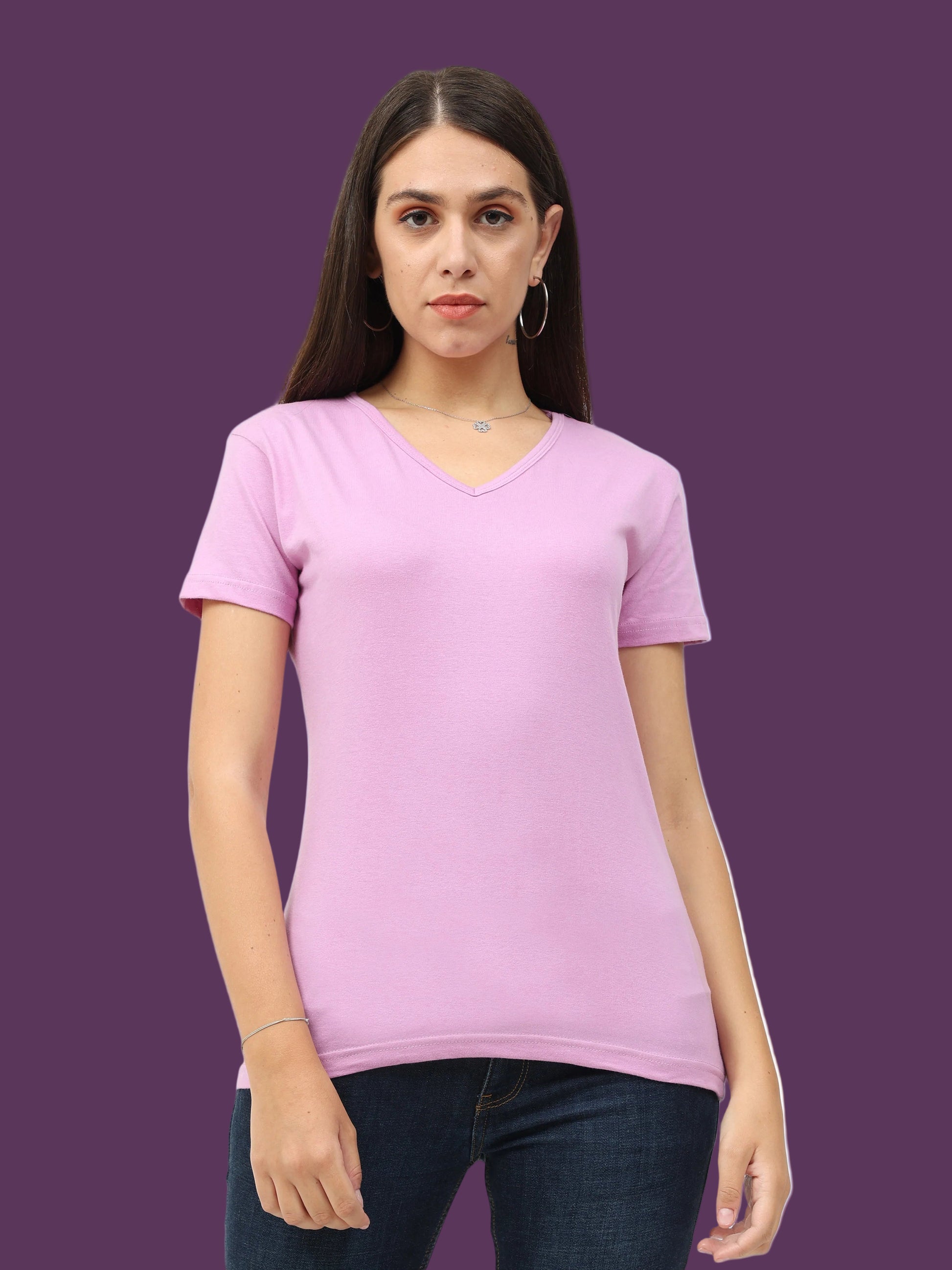 Women s Cotton Plain V Neck Half Sleeve Lavender Color T Shirt