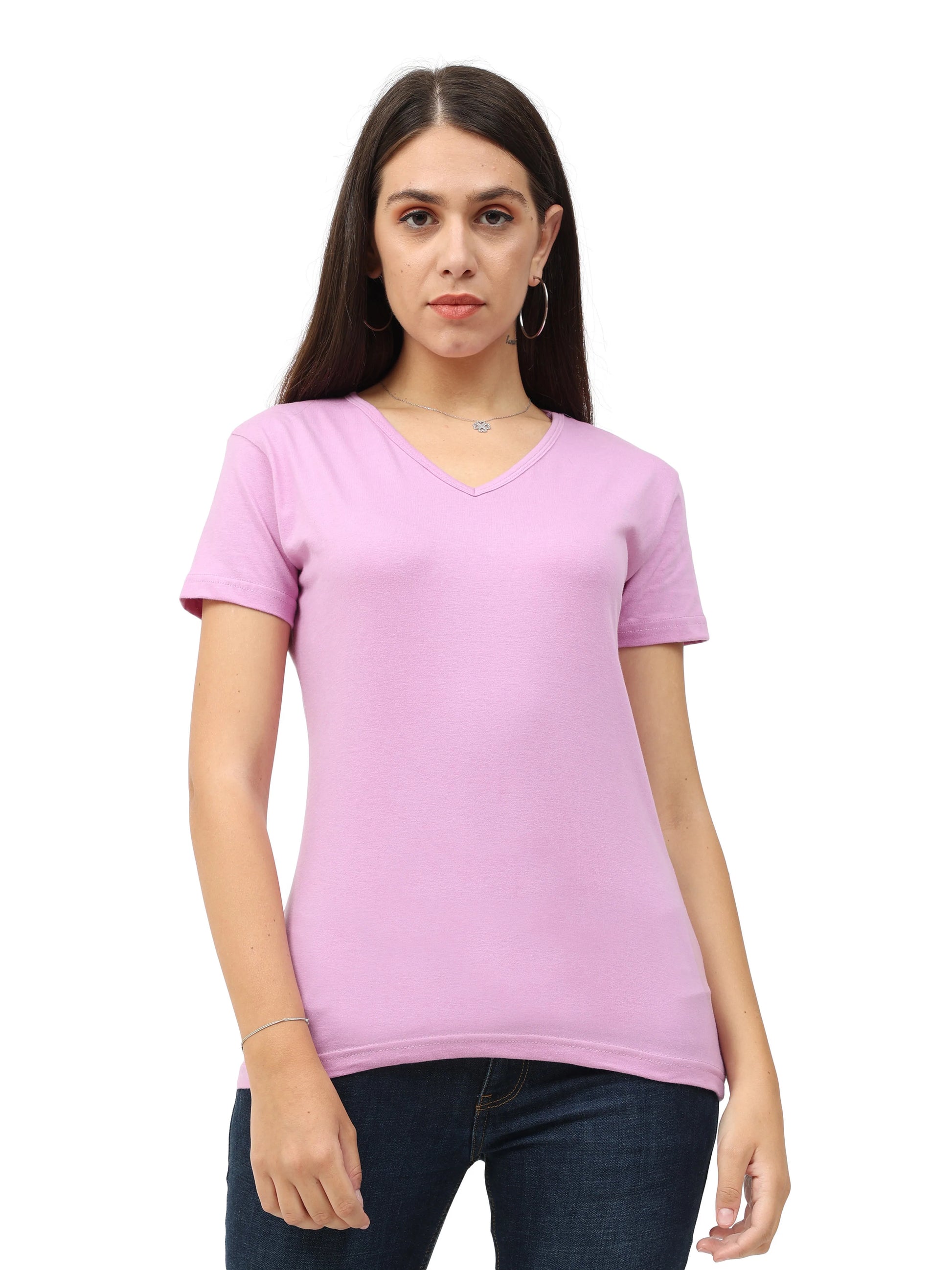 Women's Cotton Plain V Neck Half Sleeve Lavender Color T-Shirt