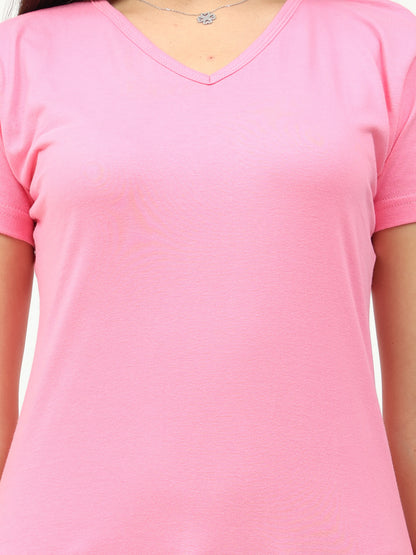 Women's Cotton Plain V Neck Half Sleeve Light Pink Color T-Shirt