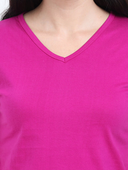 Women's Cotton Plain V Neck Half Sleeve Magenta Color T-Shirt
