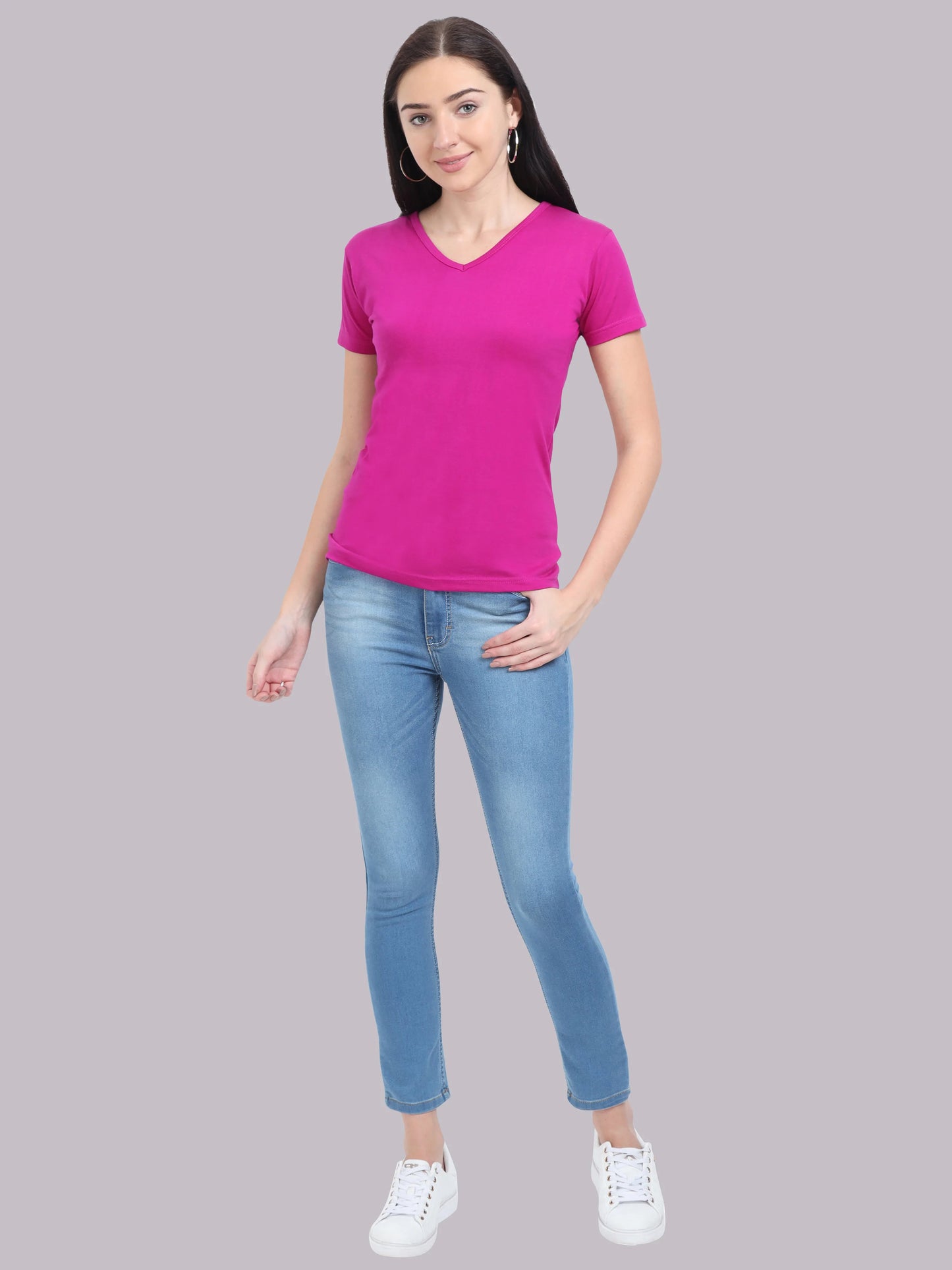 Women's Cotton Plain V Neck Half Sleeve Magenta Color T-Shirt
