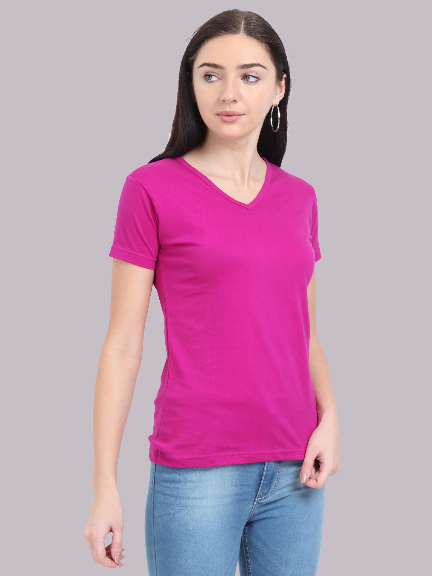 Women's Cotton Plain V Neck Half Sleeve Magenta Color T-Shirt