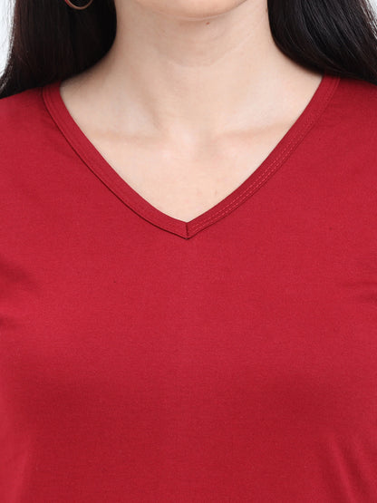 Women's Cotton Plain V Neck Half Sleeve Maroon Color T-Shirt