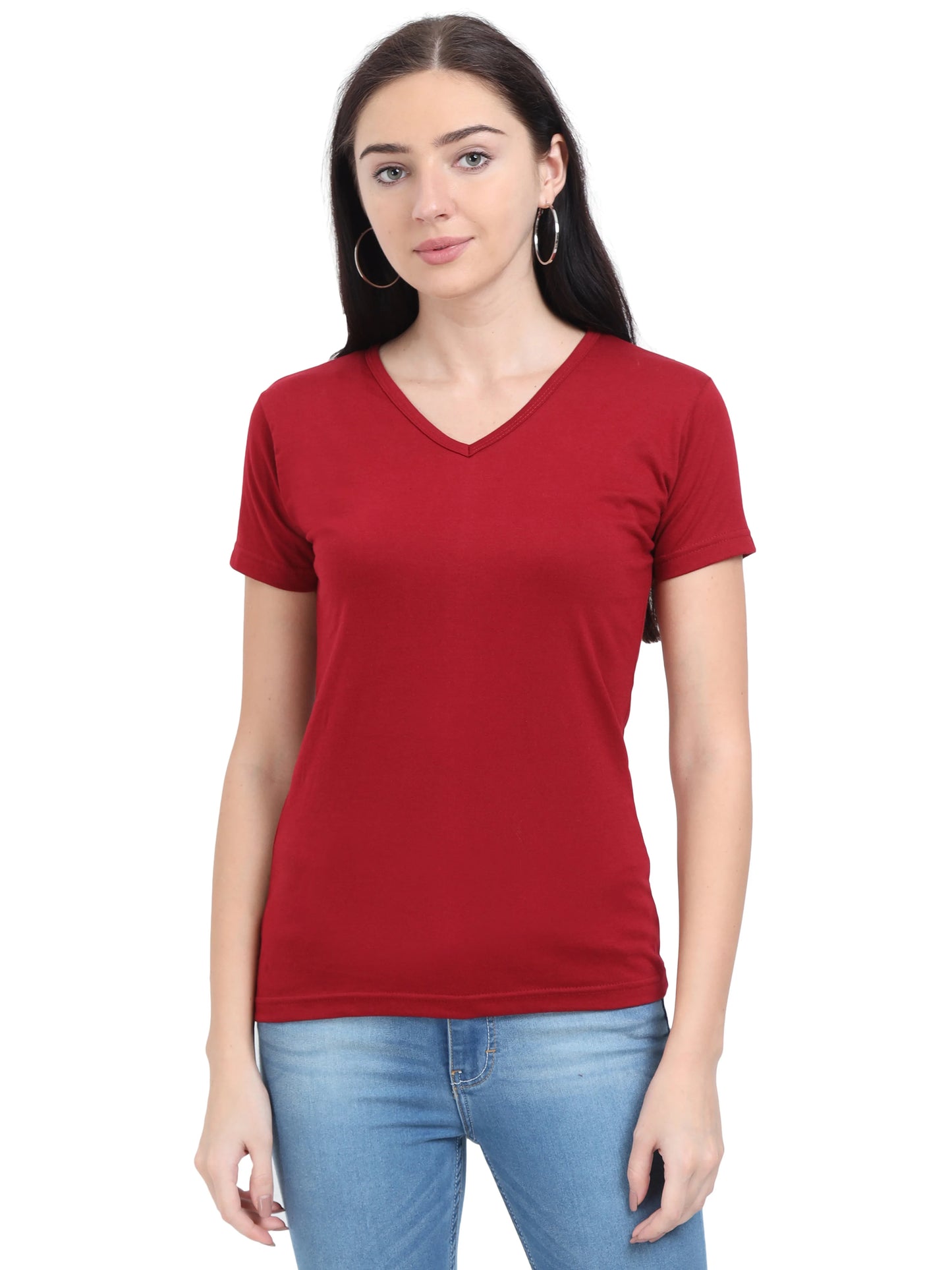 Women's Cotton Plain V Neck Half Sleeve Maroon Color T-Shirt