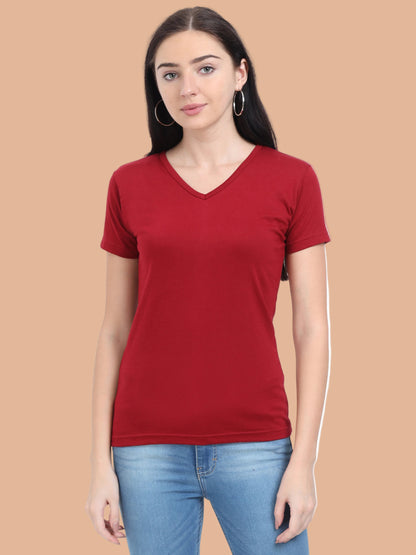 Women's Cotton Plain V Neck Half Sleeve Maroon Color T-Shirt