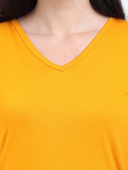 Women's Cotton Plain V Neck Half Sleeve Mustard Yellow Color T-Shirt