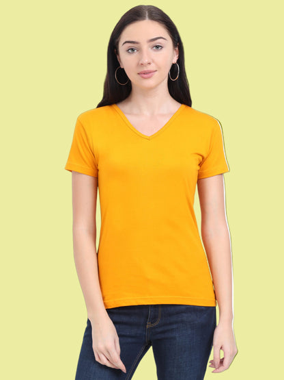 Women's Cotton Plain V Neck Half Sleeve Mustard Yellow Color T-Shirt