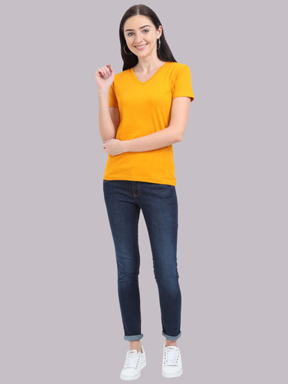 Women's Cotton Plain V Neck Half Sleeve Mustard Yellow Color T-Shirt