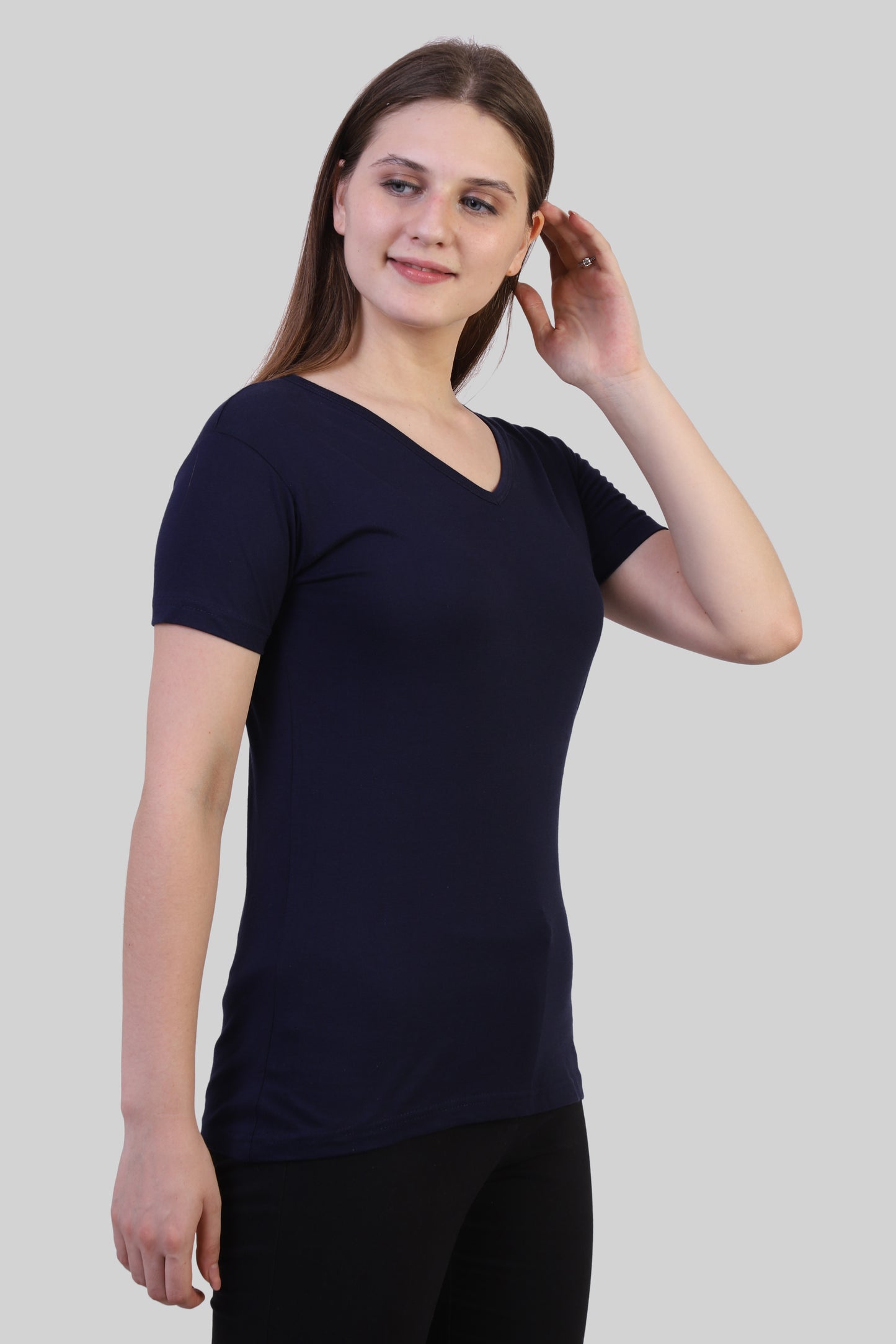 Women's Cotton Plain V Neck Half Sleeve Navy Blue Color T-Shirt