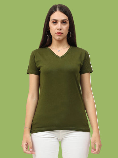 Women's Cotton Plain V Neck Half Sleeve Olive Green Color T-Shirt