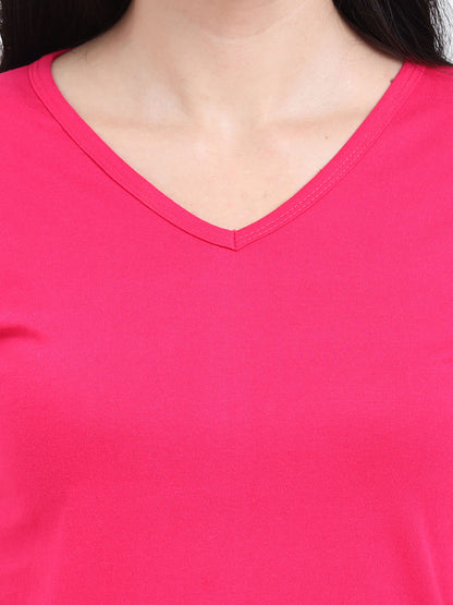 Women's Cotton Plain V Neck Half Sleeve Pink Color T-Shirt