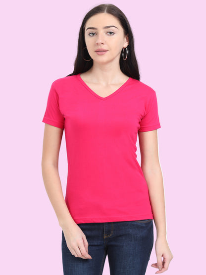 Women's Cotton Plain V Neck Half Sleeve Pink Color T-Shirt