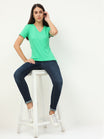 Women's Cotton Plain V Neck Half Sleeve Pista Green Color T-Shirt