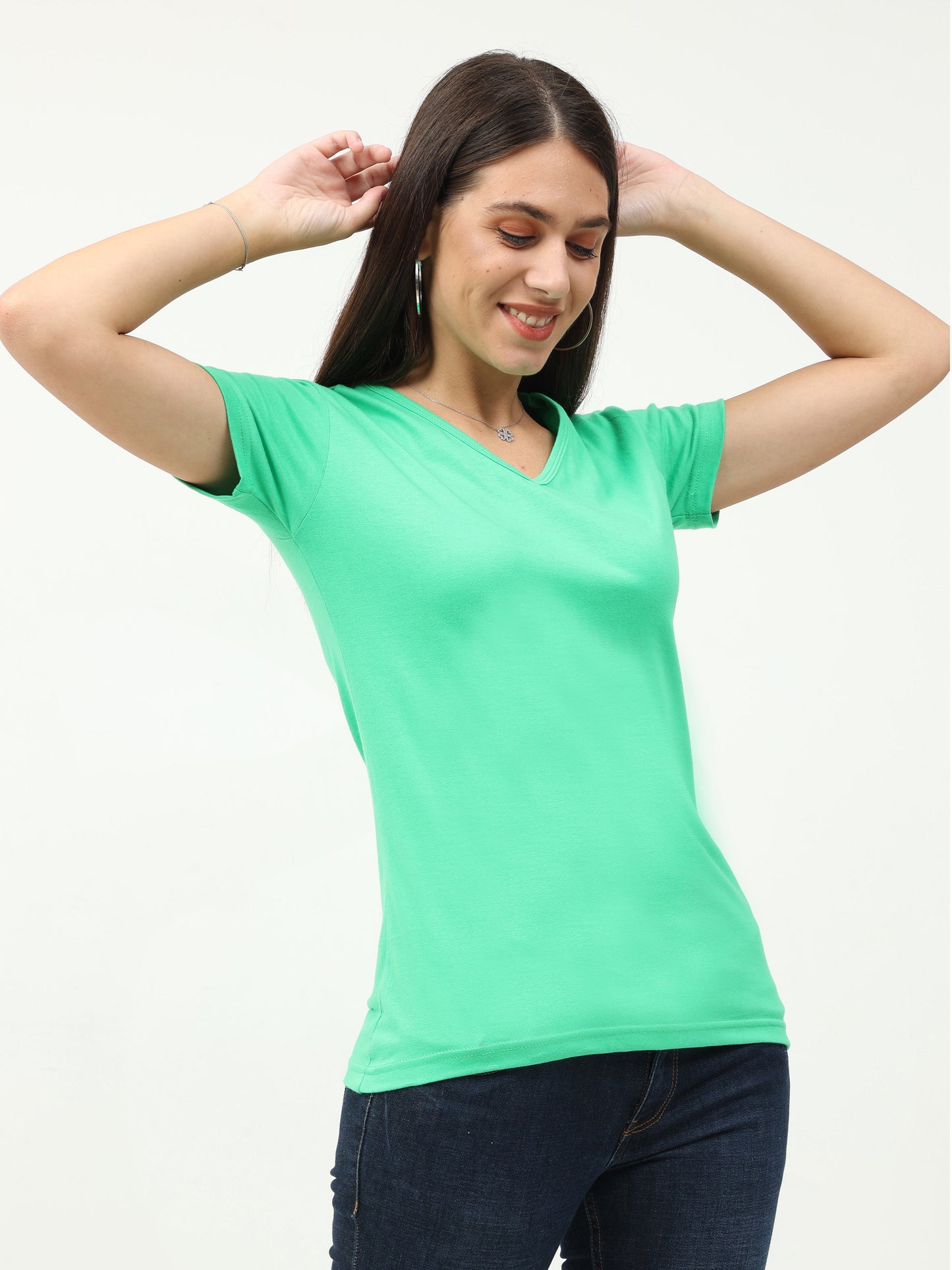 Women's Cotton Plain V Neck Half Sleeve Pista Green Color T-Shirt