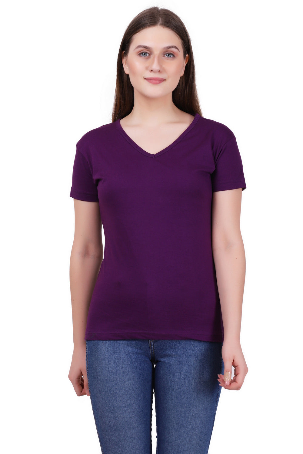 Women's Cotton Plain V Neck Half Sleeve Purple Color T-Shirt
