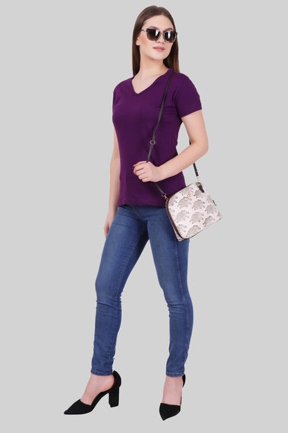 Women's Cotton Plain V Neck Half Sleeve Purple Color T-Shirt