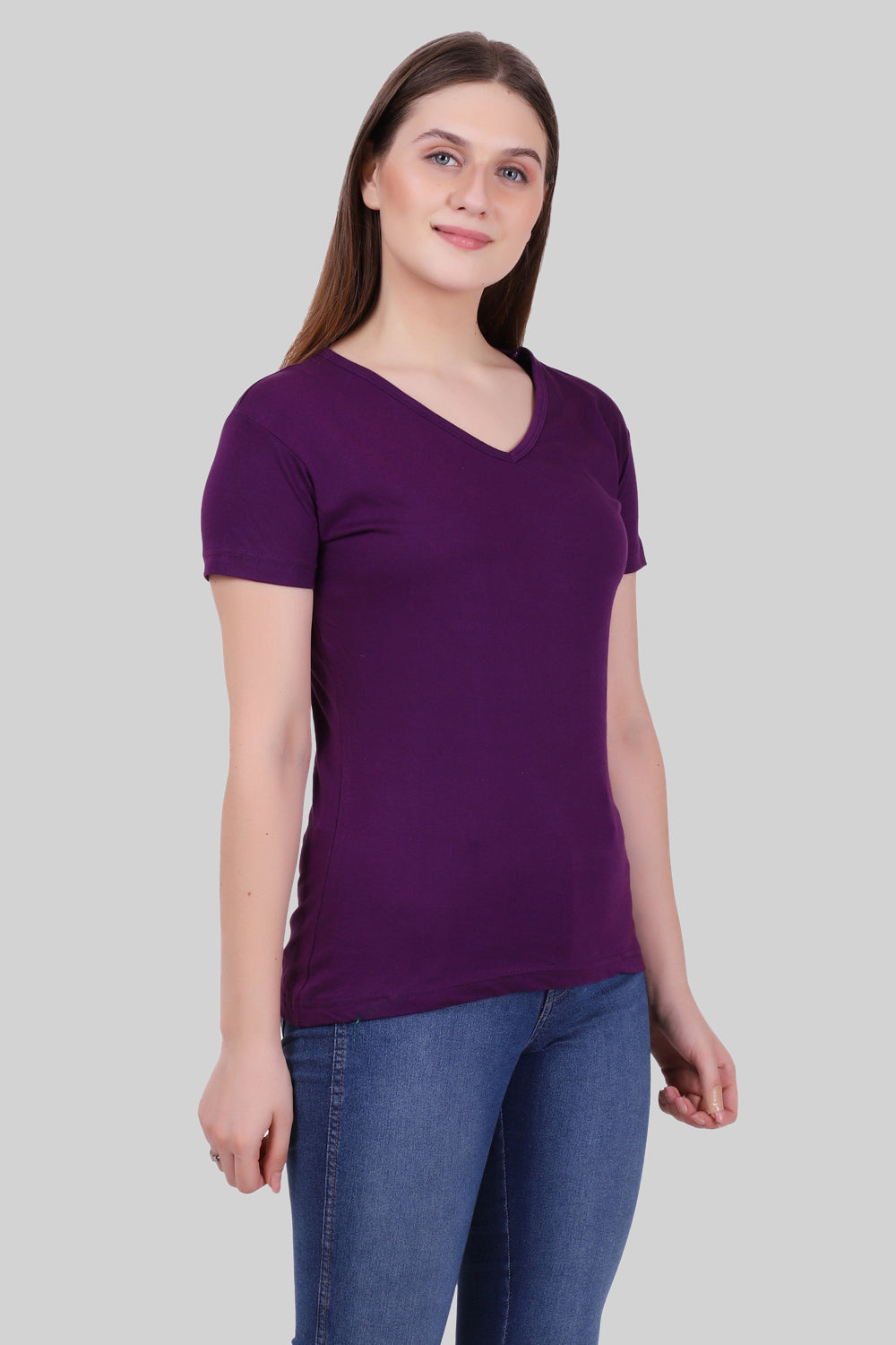 Women's Cotton Plain V Neck Half Sleeve Purple Color T-Shirt
