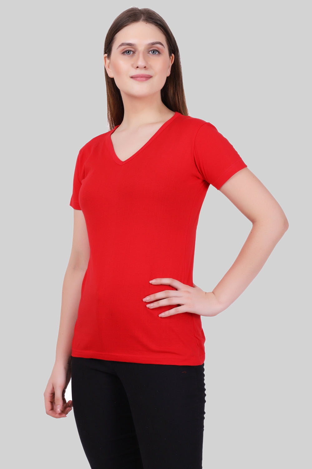 Women's Cotton Plain V Neck Half Sleeve Red Color T-Shirt