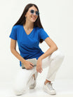 Women's Cotton Plain V Neck Half Sleeve Royal Blue Color T-Shirt