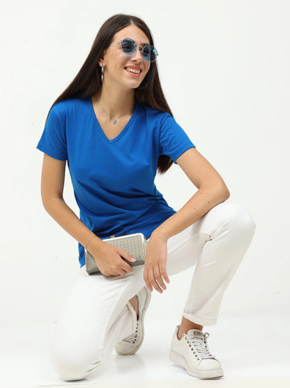 Women's Cotton Plain V Neck Half Sleeve Royal Blue Color T-Shirt