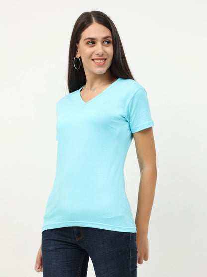 Women's Cotton Plain V Neck Half Sleeve Sky Blue Color T-Shirt
