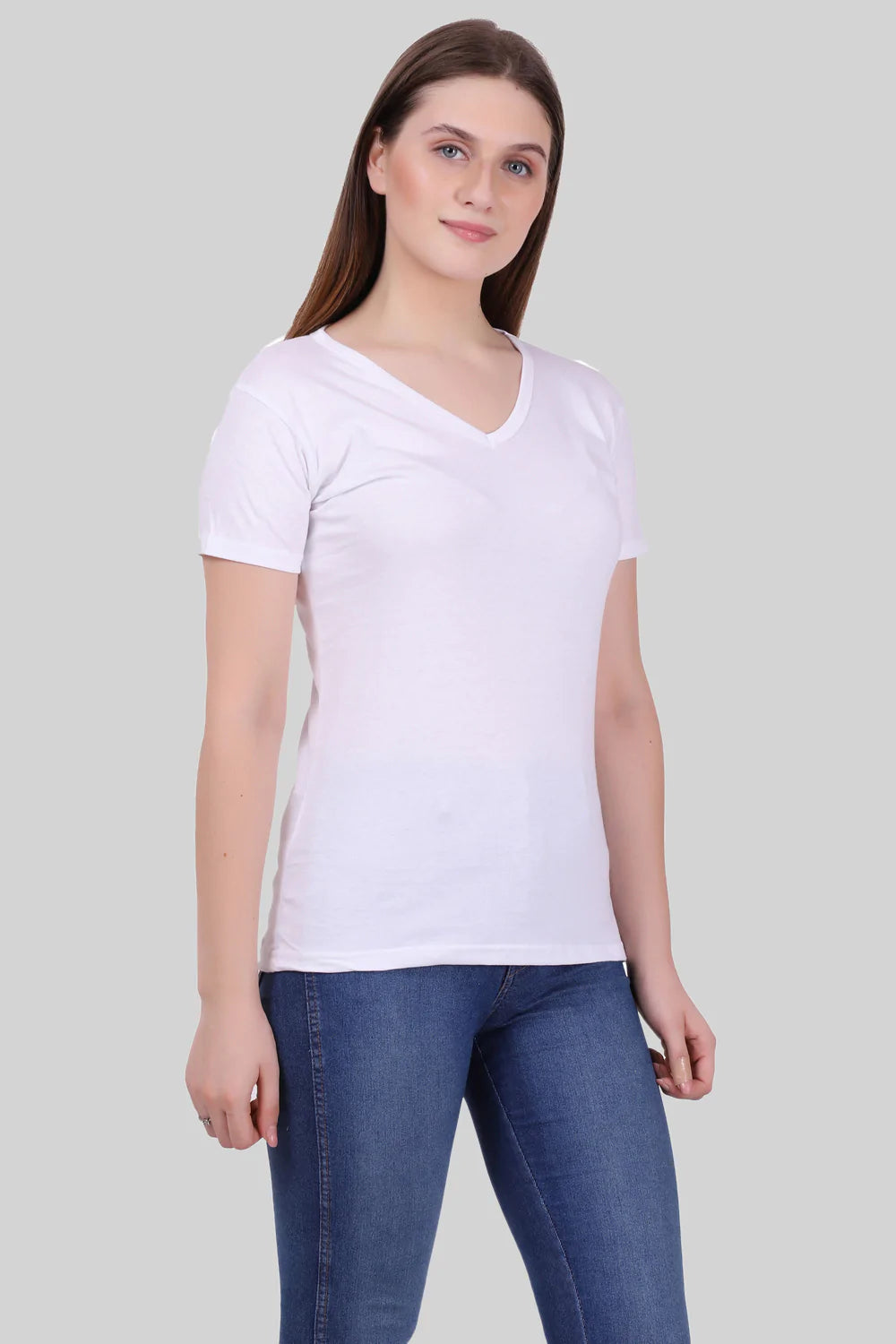 Women's Cotton Plain V Neck Half Sleeve White Color T-Shirt