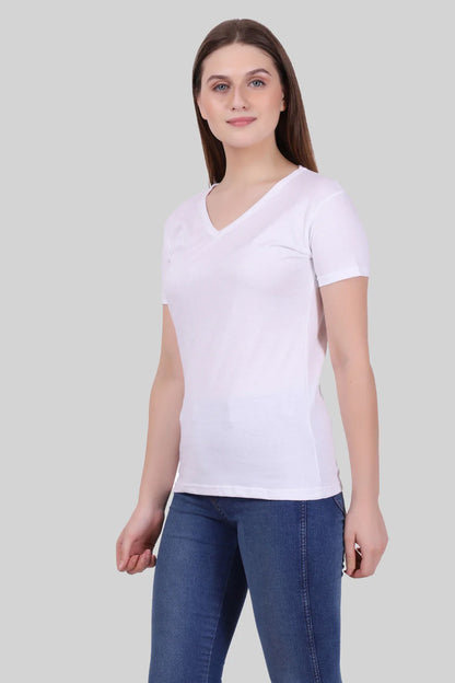 Women's Cotton Plain V Neck Half Sleeve White Color T-Shirt