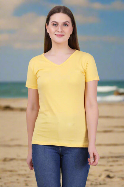 Women's Cotton Plain V Neck Half Sleeve Yellow Color T-Shirt