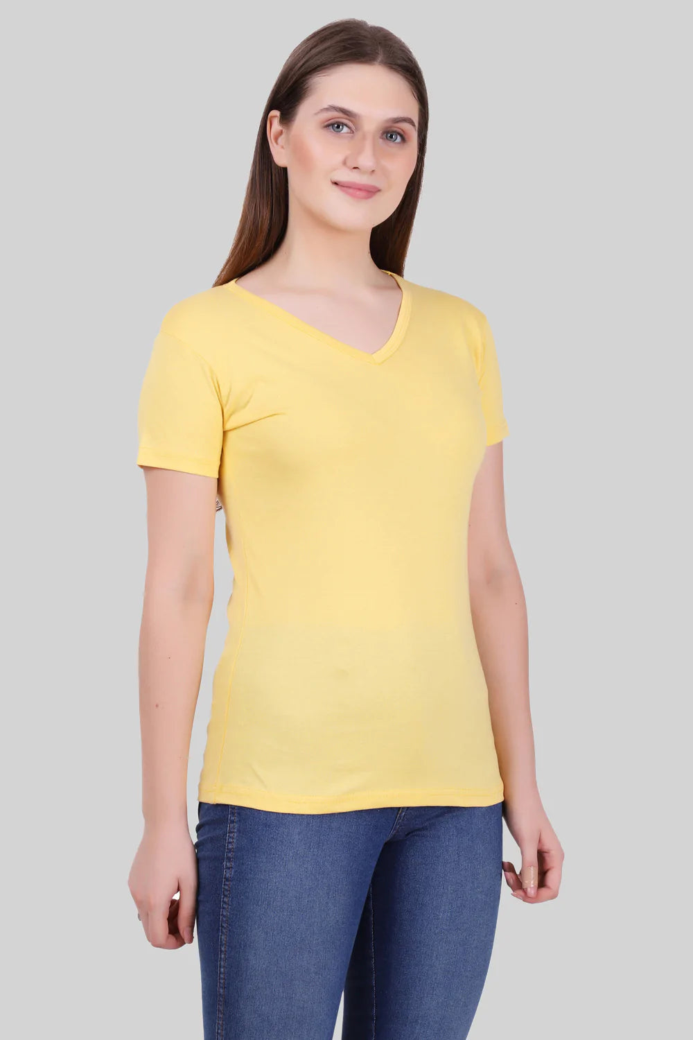 Women's Cotton Plain V Neck Half Sleeve Yellow Color T-Shirt