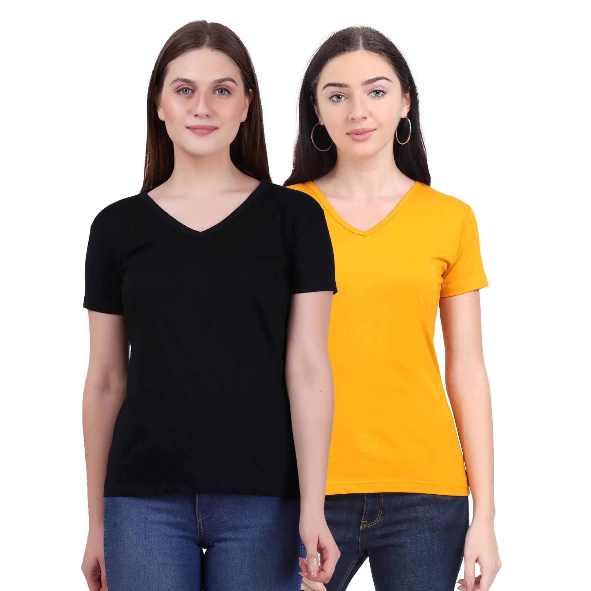 Women's Cotton Plain V Neck Half Sleeve T-Shirt - (Pack of 2)