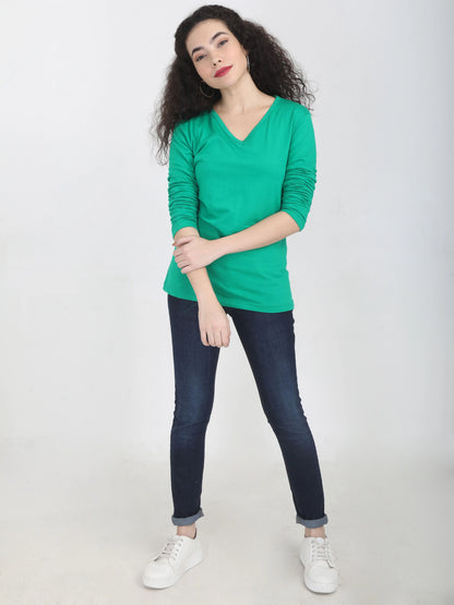 Fleximaa Women's Cotton Plain V Neck Full Sleeve T-Shirt - fleximaa-so